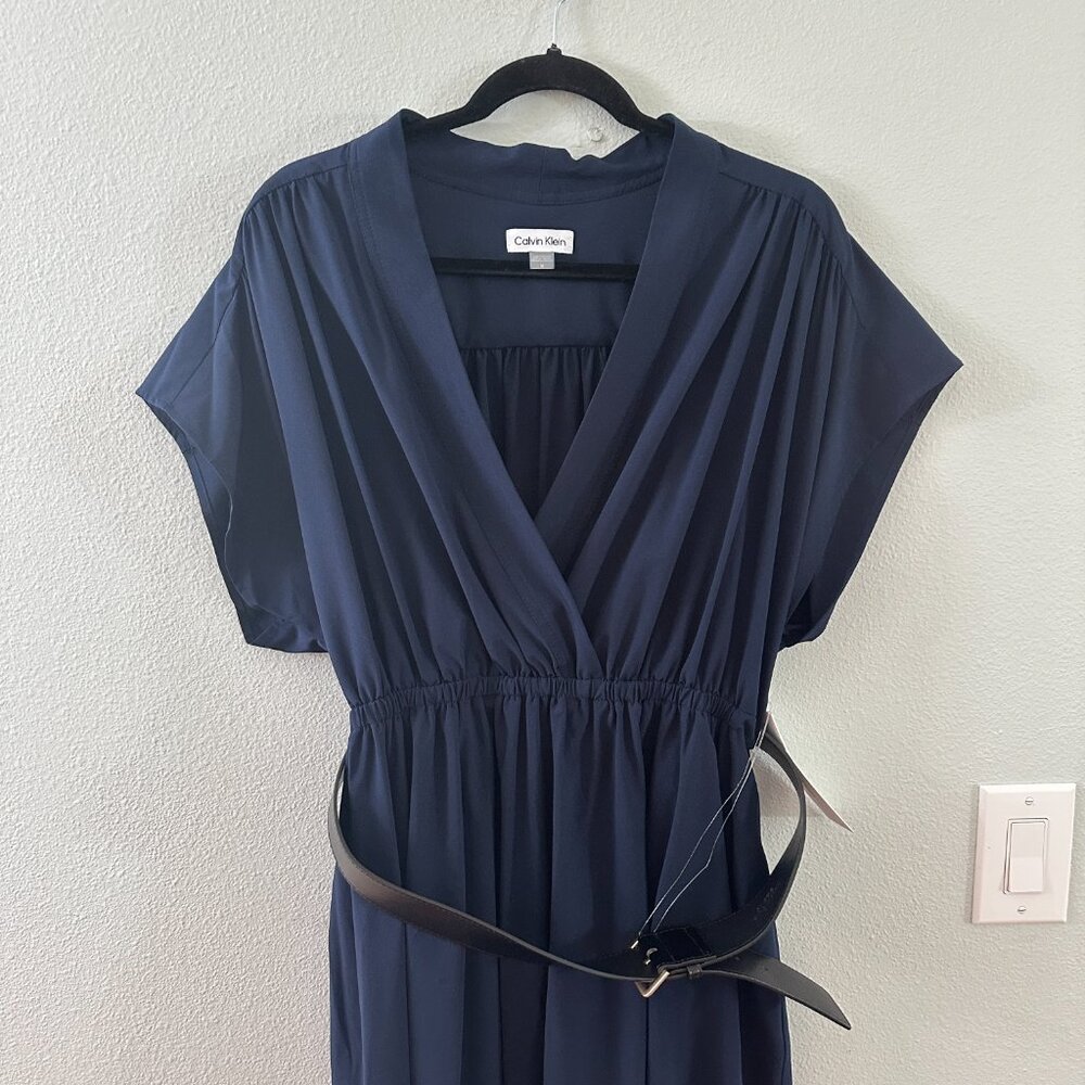NWT Calvin Klein Belted Full Midi Dress Women's size 16 Navy Blue Classic Career - Picture 2 of 7